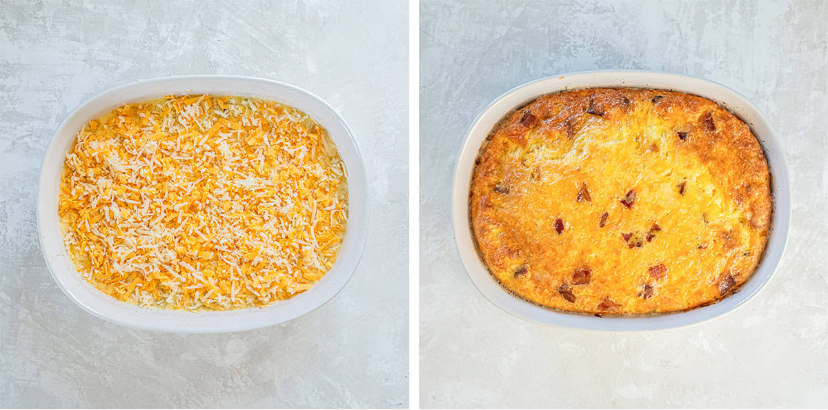Two images of an egg mixture in a baking dish topped with cheese before and after it is cooked.