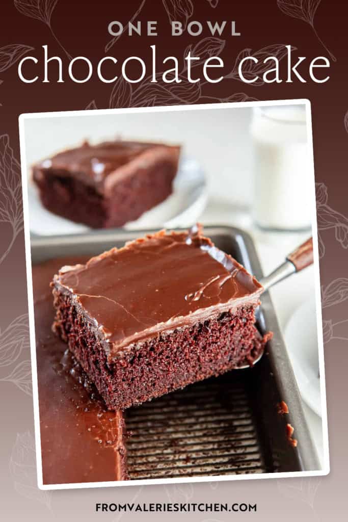 A spatula lifting a slice of chocolate cake from a cake pan with text overlay.