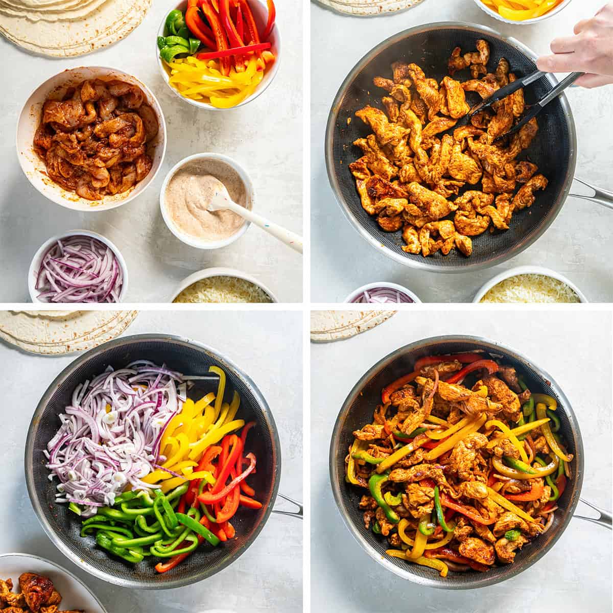 Four images of a chicken, bell peppers, and onions mixture cooking in a skillet.