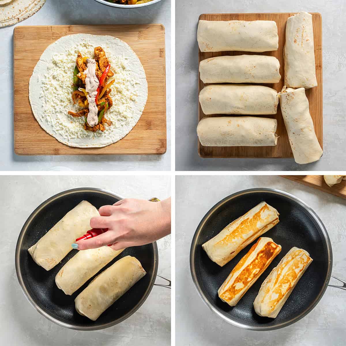 Four images of a tortilla with cheese, a chicken fajita and sauce on a cutting board, after being rolled in to a wrap, and browining in a skillet.