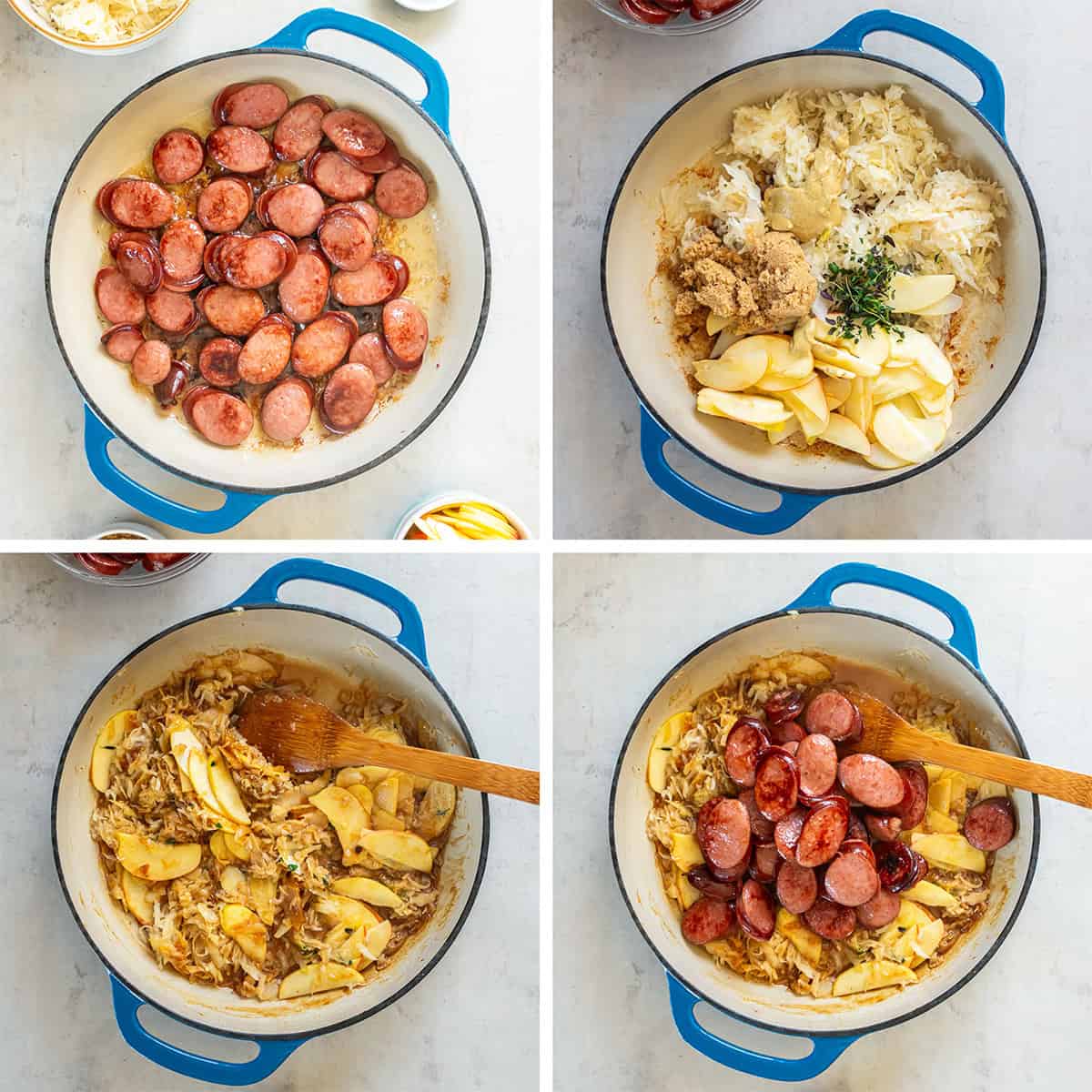 Four images of kielbasa, apples, and sauerkraut cooking in a skillet.