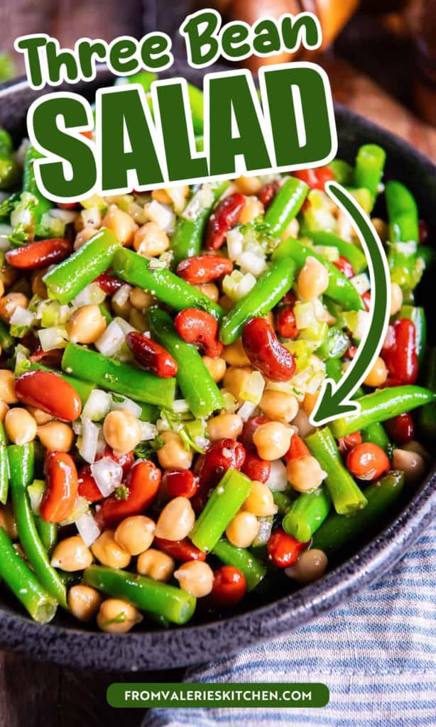 Three bean salad in a bowl with text overlay.