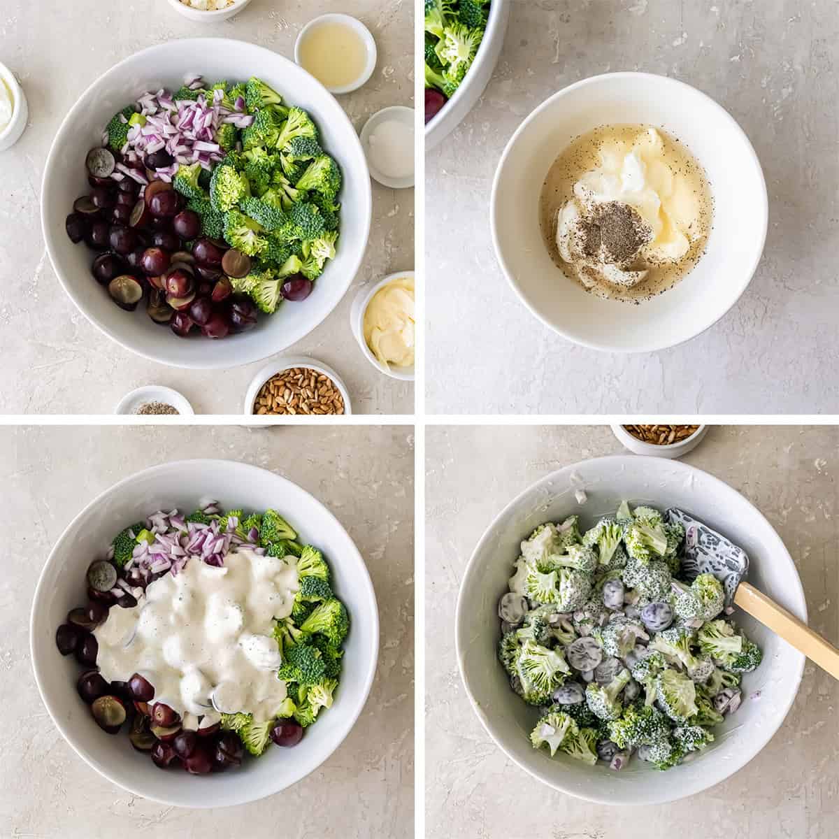 Four images of broccoli, grapes and other ingredients in a bowl and with a creamy dressing.