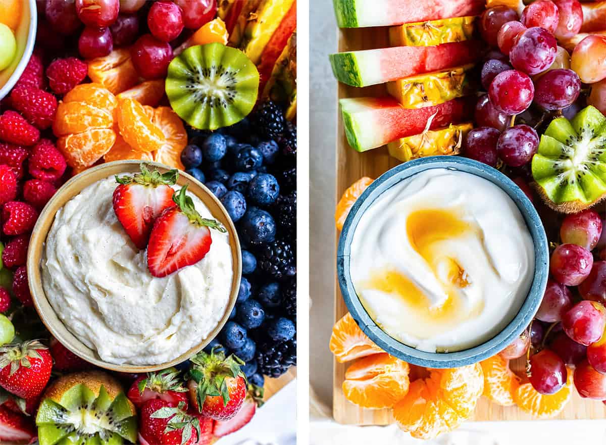 Two images of bowls of fruit dip with fruit surrounding them.