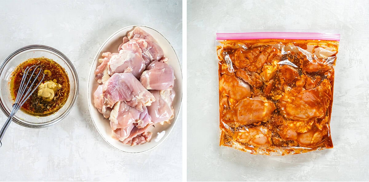 Two images of chicken thighs on a plate and marinade in a measuring cup and both in a plastic food storage bag.
