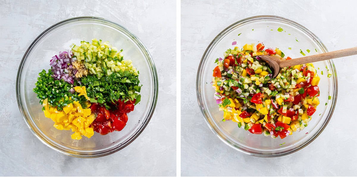 Two images of mango corn salsa ingredients being combined in a large glass bowl.