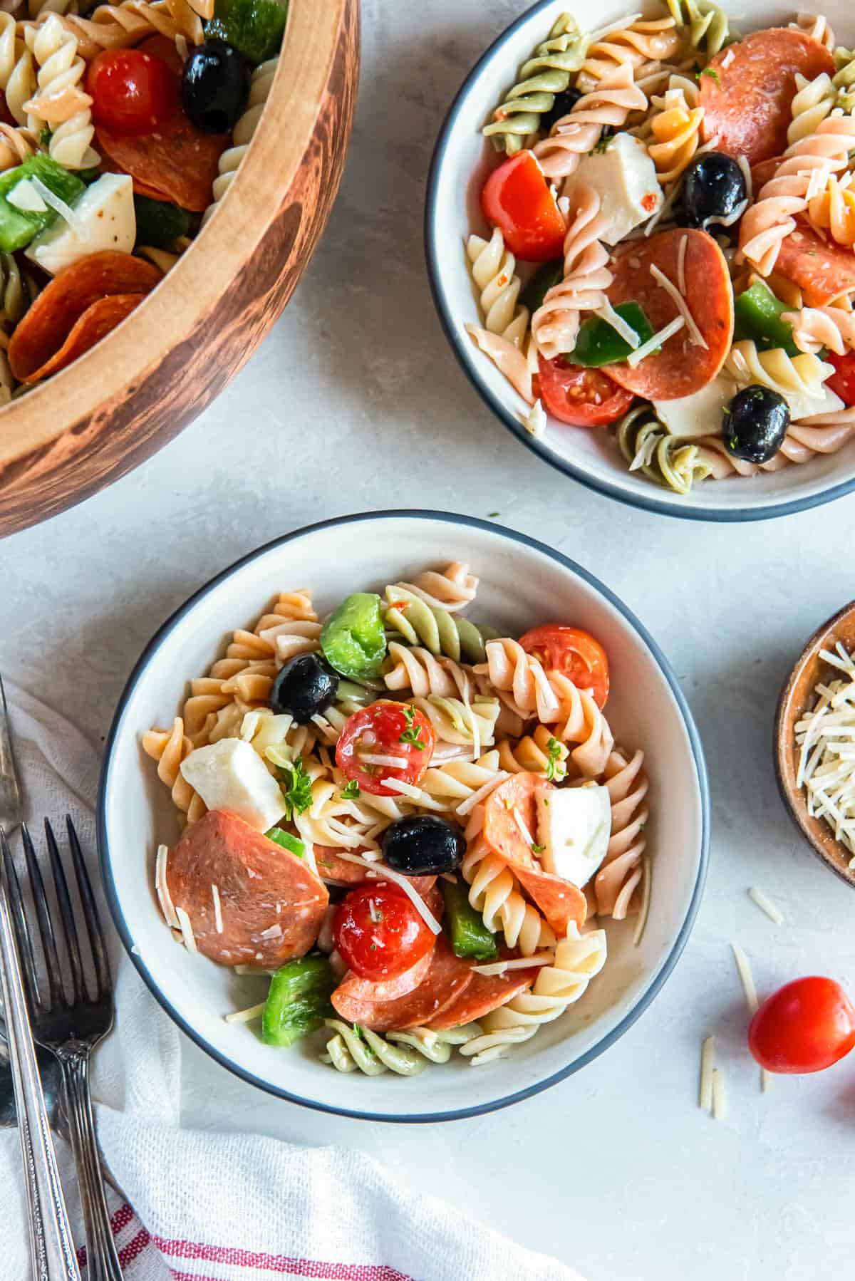 Pizza Pasta Salad 7 Two small bowls filled with pizza pasta salad.