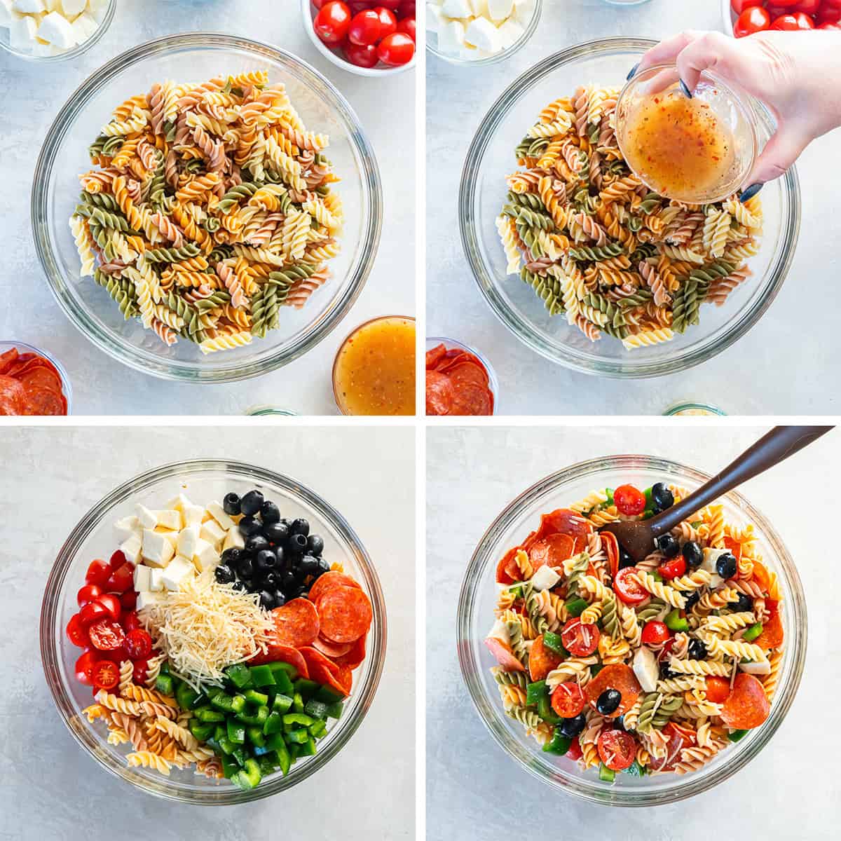 Pizza Pasta Salad 6 Four images of cooked pasta, Italian dressing, cheese, pepperoni, and other ingredients being combined in a bowl.