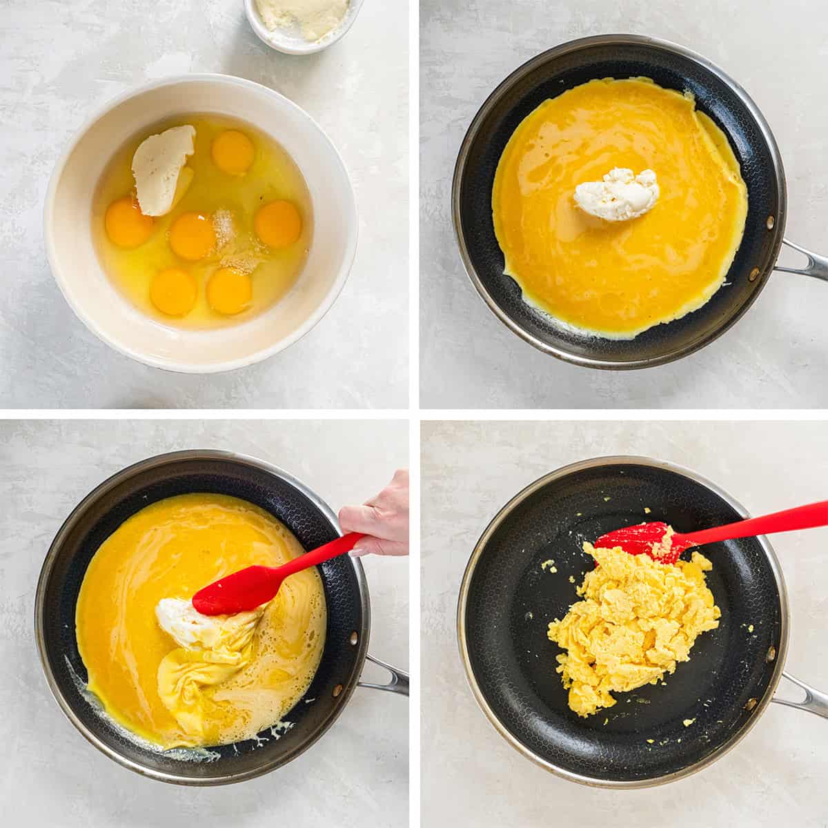 Four images of eggs and ricotta being scrambled in a skillet.
