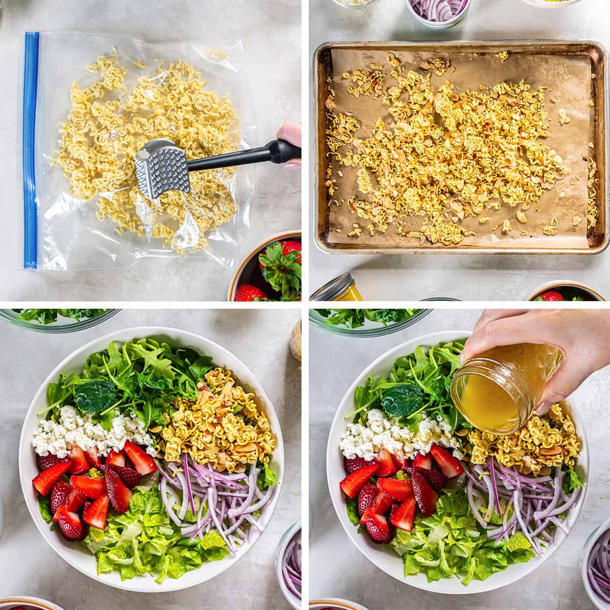 Four images of ramen noodles in a bag being crushed with a mallet, on a baking sheet with almonds and in a salad with greens, strawberries, and goat cheese.