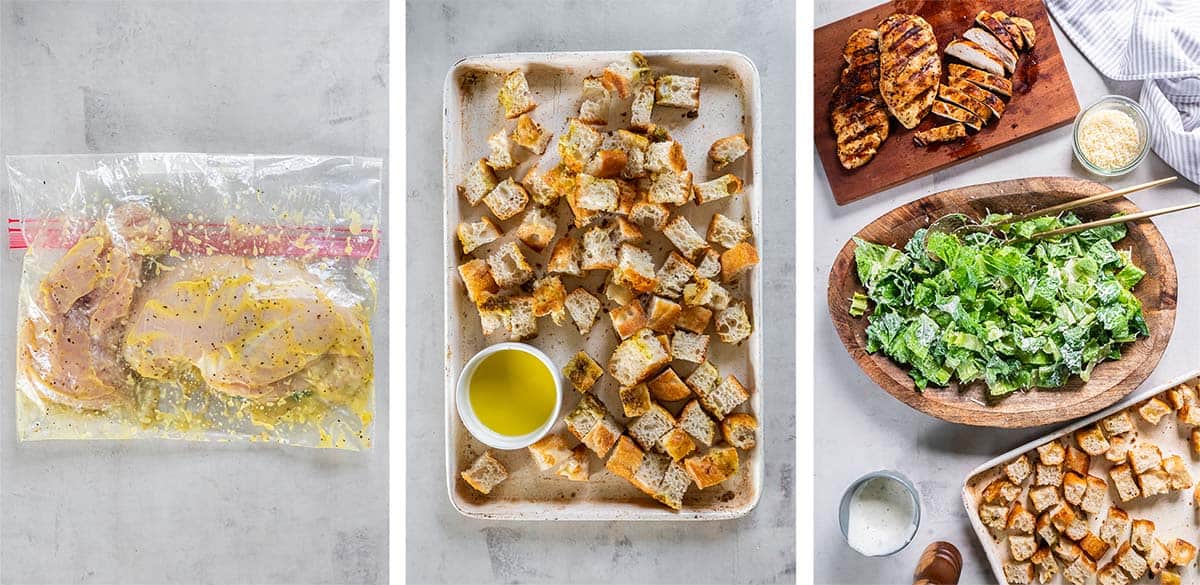 Three images of chicken in a bag with marinade, croutons and oil on a baking sheet, and a salad being assembled in a wood bowl.