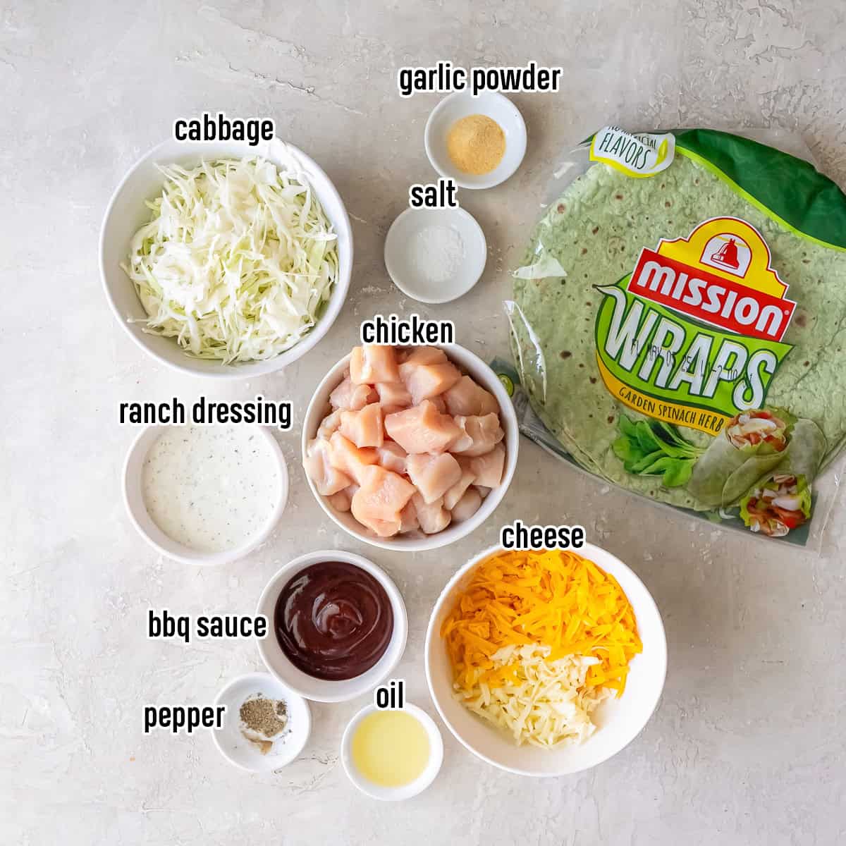 Chunks of raw chicken, cabbage, cheese, spinach wraps and other ingredients in bowls with text overlay.