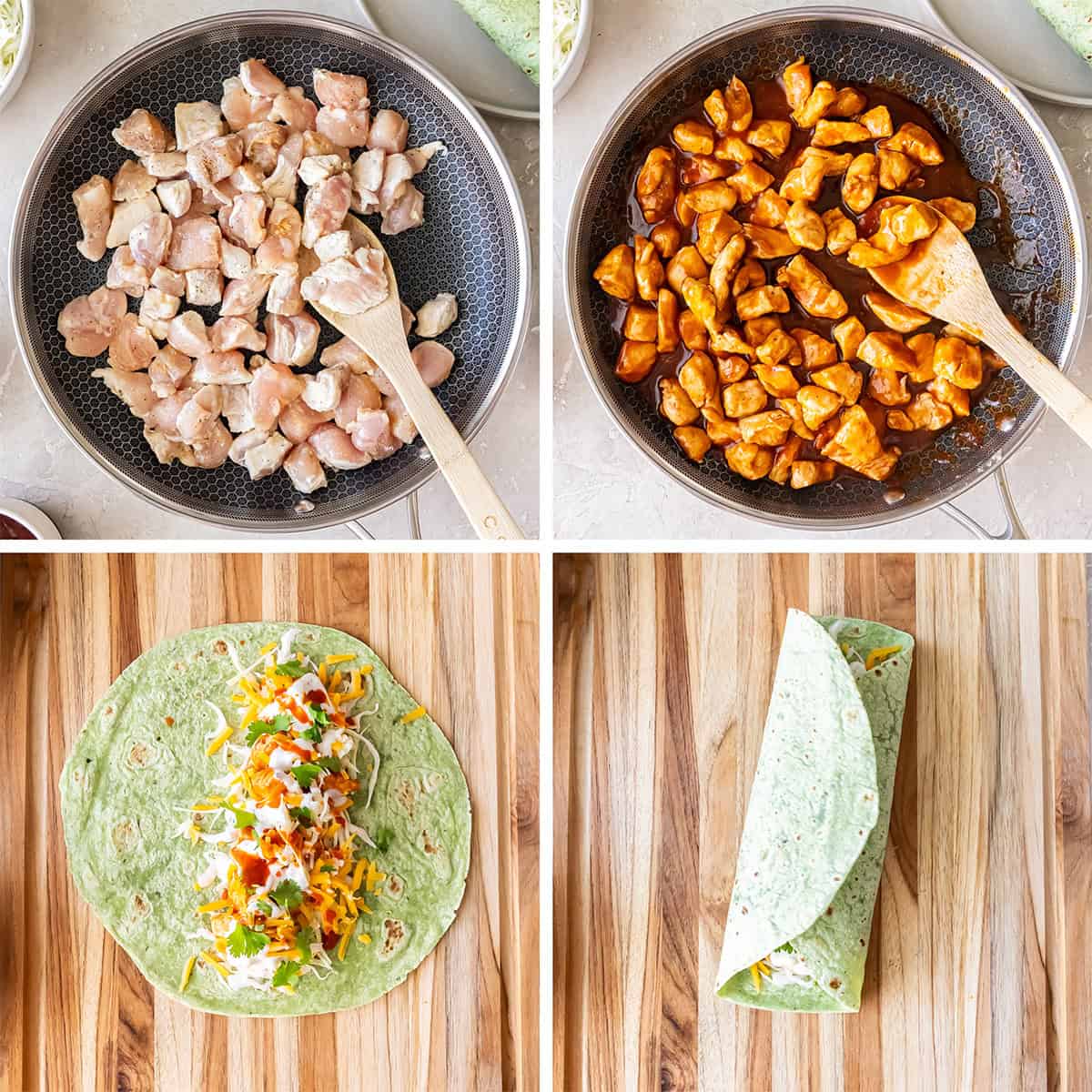 Four images of chunks of chicken cooking in a skillet with bbq sauce and a wrap with chicken. cabbage, and cheese.