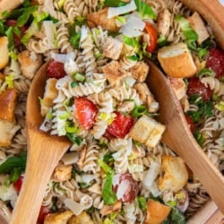 Salad spoons resting in a bowl of chicken caesar pasta salad.