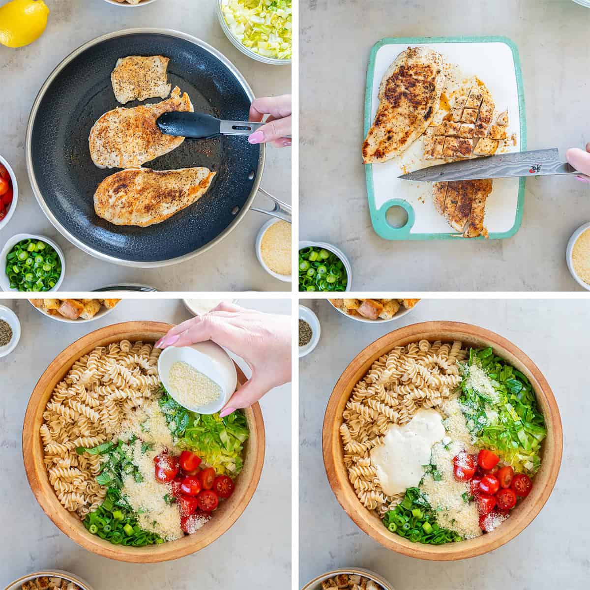 Four images of chicken in pan, on a cutting board and pasta salad ingredients in a wood salad bowl.