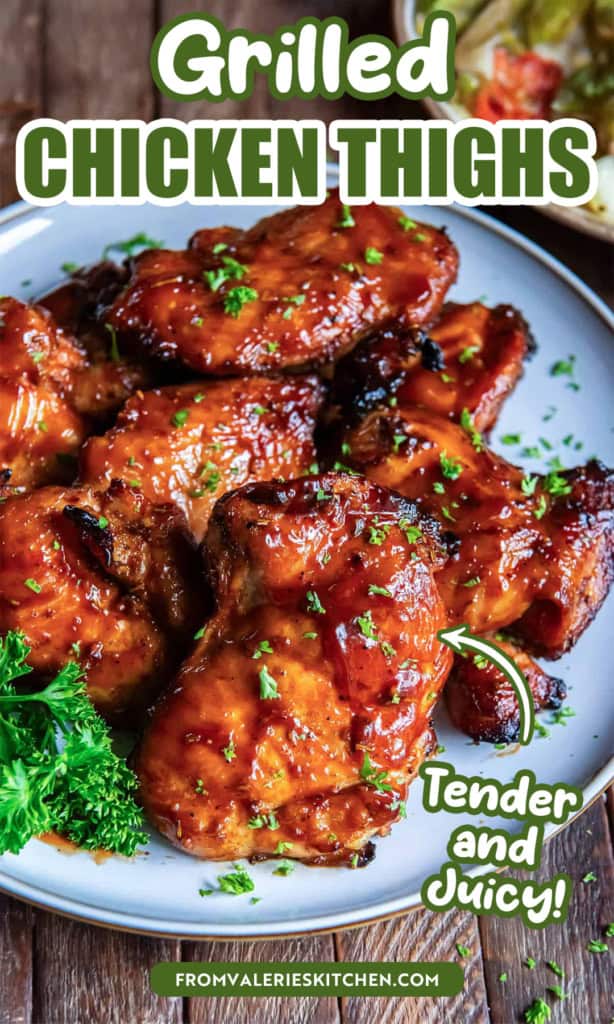 Grilled chicken thighs on a white plate with text overlay.