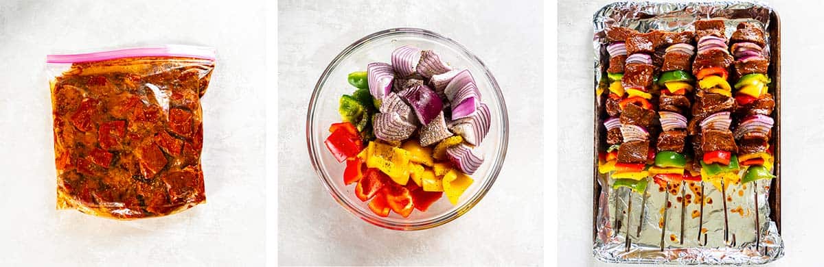 Three images of cubed steak in a bag with marinade, peppers and onions in a bowl, and assembled steak kabobs on a baking sheet.