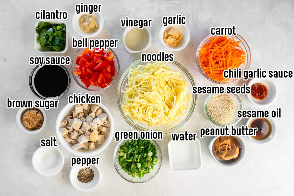 Peanut Noodles with Chicken 4 Chinese noodles, peanut butter, and other ingredients in bowls with text overlay.