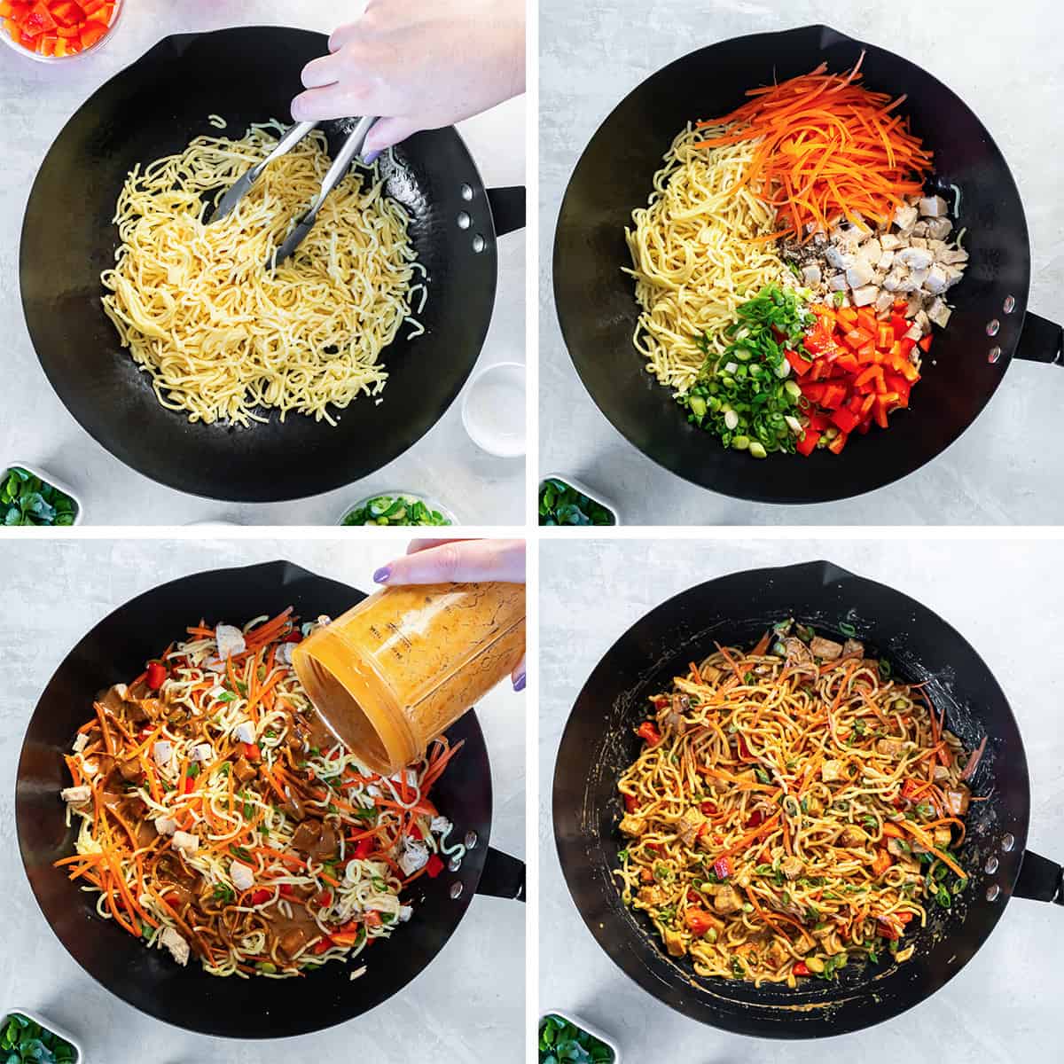 Peanut Noodles with Chicken 7 Four images of peanut noodles with chicken being assembled in a pan.