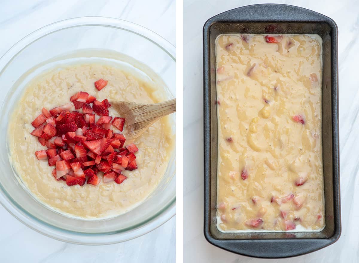Two images of strawberry banana bread batter in a bowl and in a loaf pan.