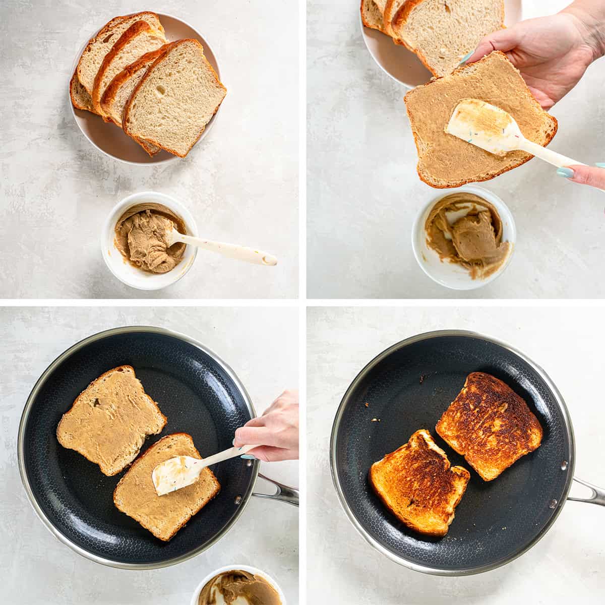 Brown Sugar Toast 5 Four images of a butter and brown sugar mixture being spread on sliced bread and the bread toasting in a skillet.