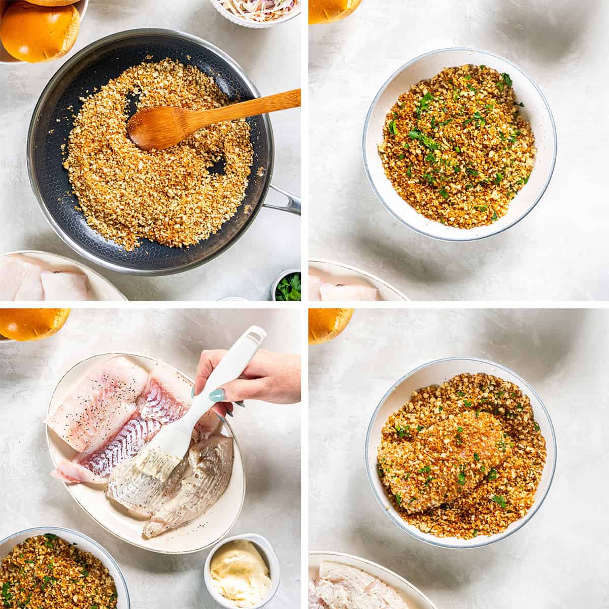 Four images of panko breadcrumbs in a skillet, in a bowl and fish being coated with mahonnaise and breaded.