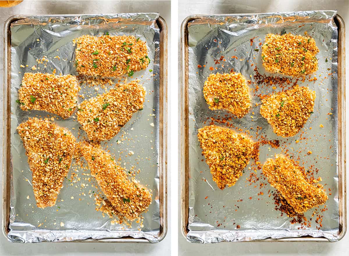 Two images of breaded fish on a foil lined baking sheet before and after it is baked.