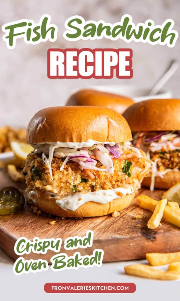 Oven baked fish sandwiches on buns with tartar sauce and coleslaw with text overlay.