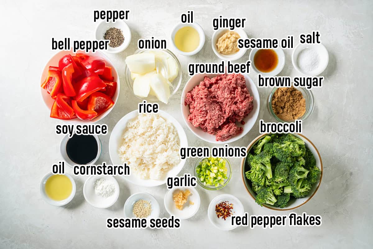 All the ingredients needed to make Korean ground beef with text overlays.