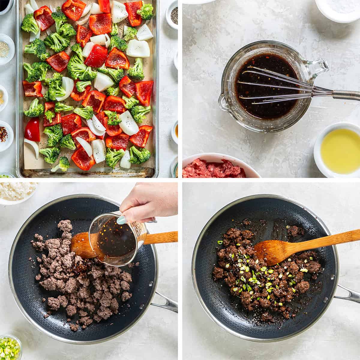 Four images of ground beef vegetables in a frying pan served with Korean sauce.