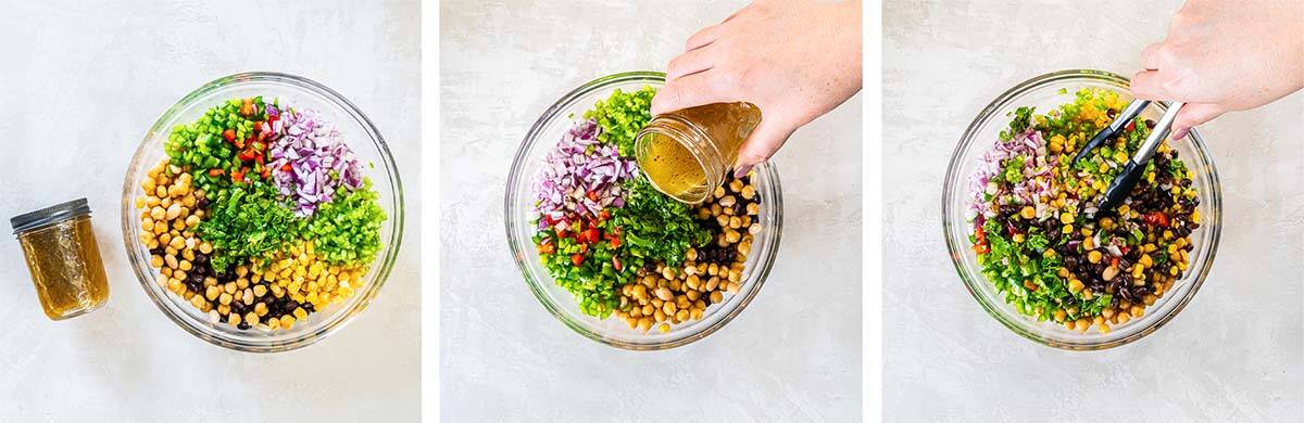 Mexican Bean Salad 5 Three images of Mexican bean salad being tossed with dressing in a large glass bowl.