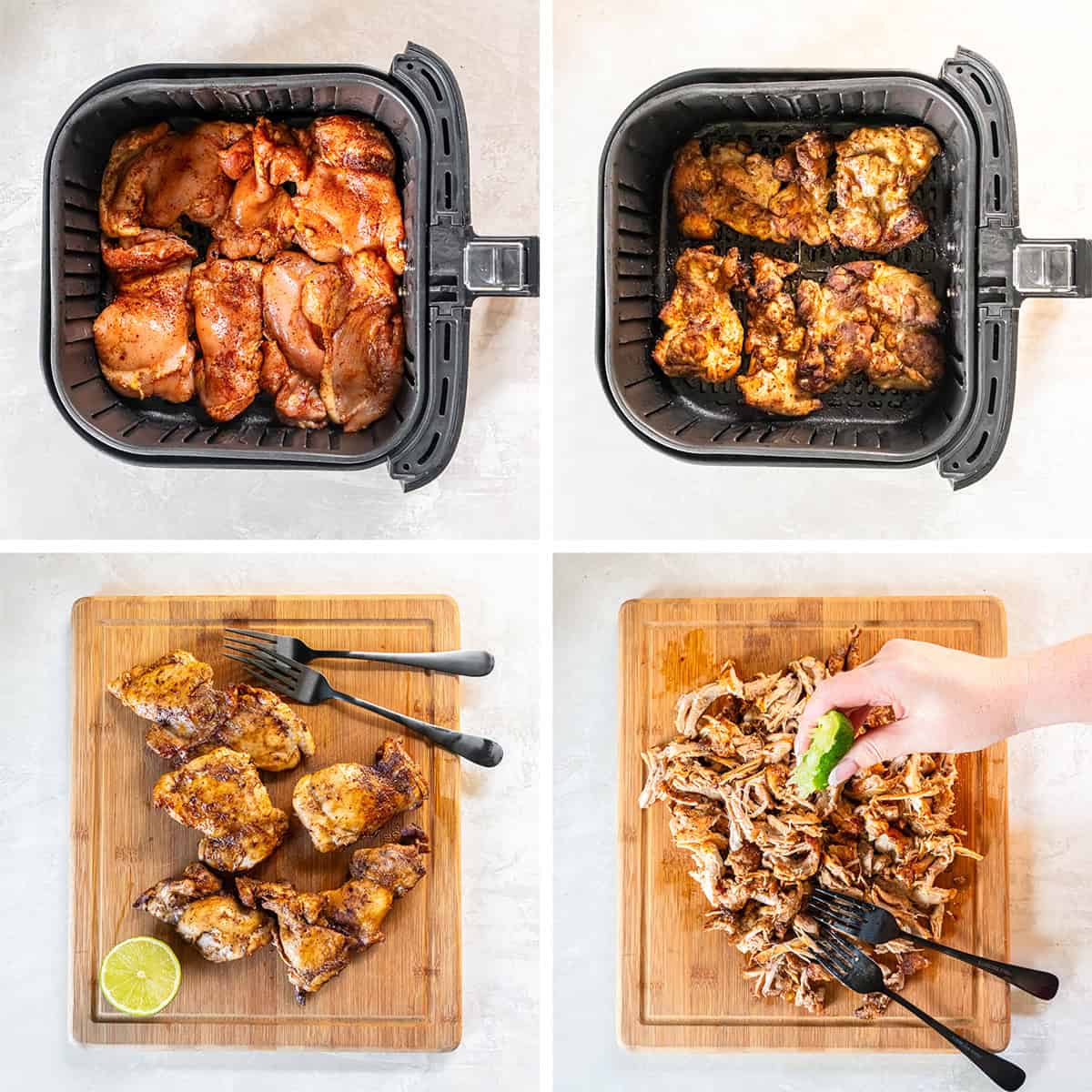 Four in process images of air fryer mexican shredded chicken cooking in an air fryer and being shredded on a cutting board.