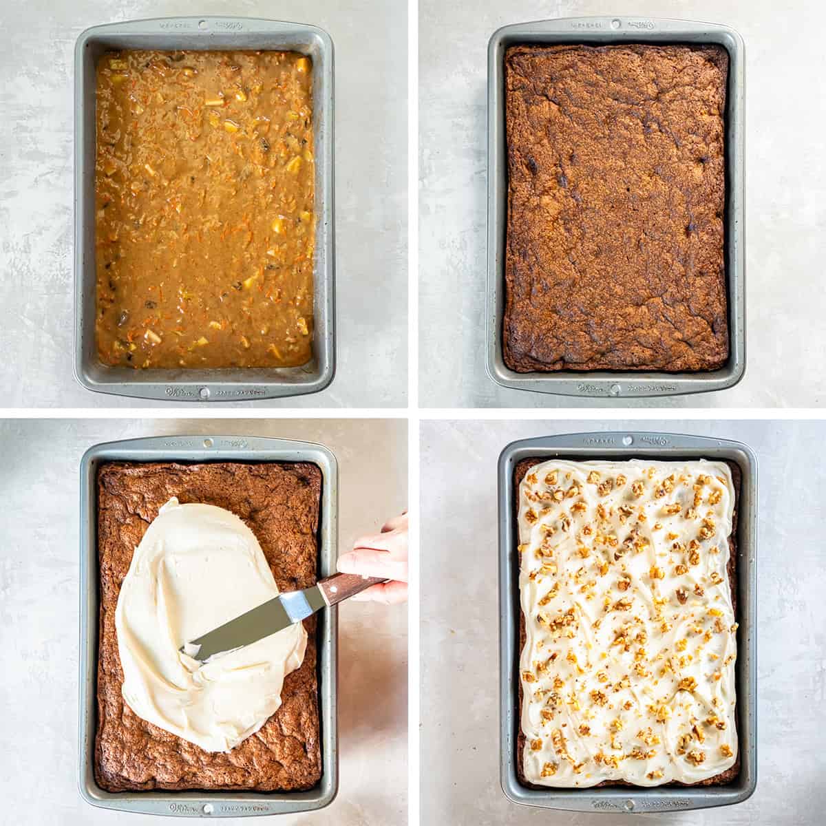 Four images of apple carrot cake in a metal baking pan being frosted and topped with walnuts.