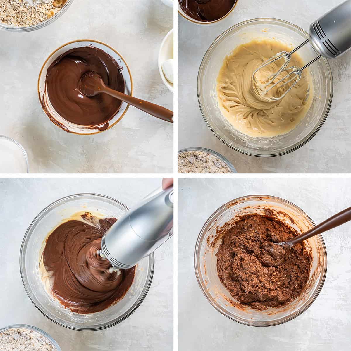 Chocolate Oatmeal Cookies 5 Four images of melted chocolate in a bowl and cookie dough being made in a large glass bowl.