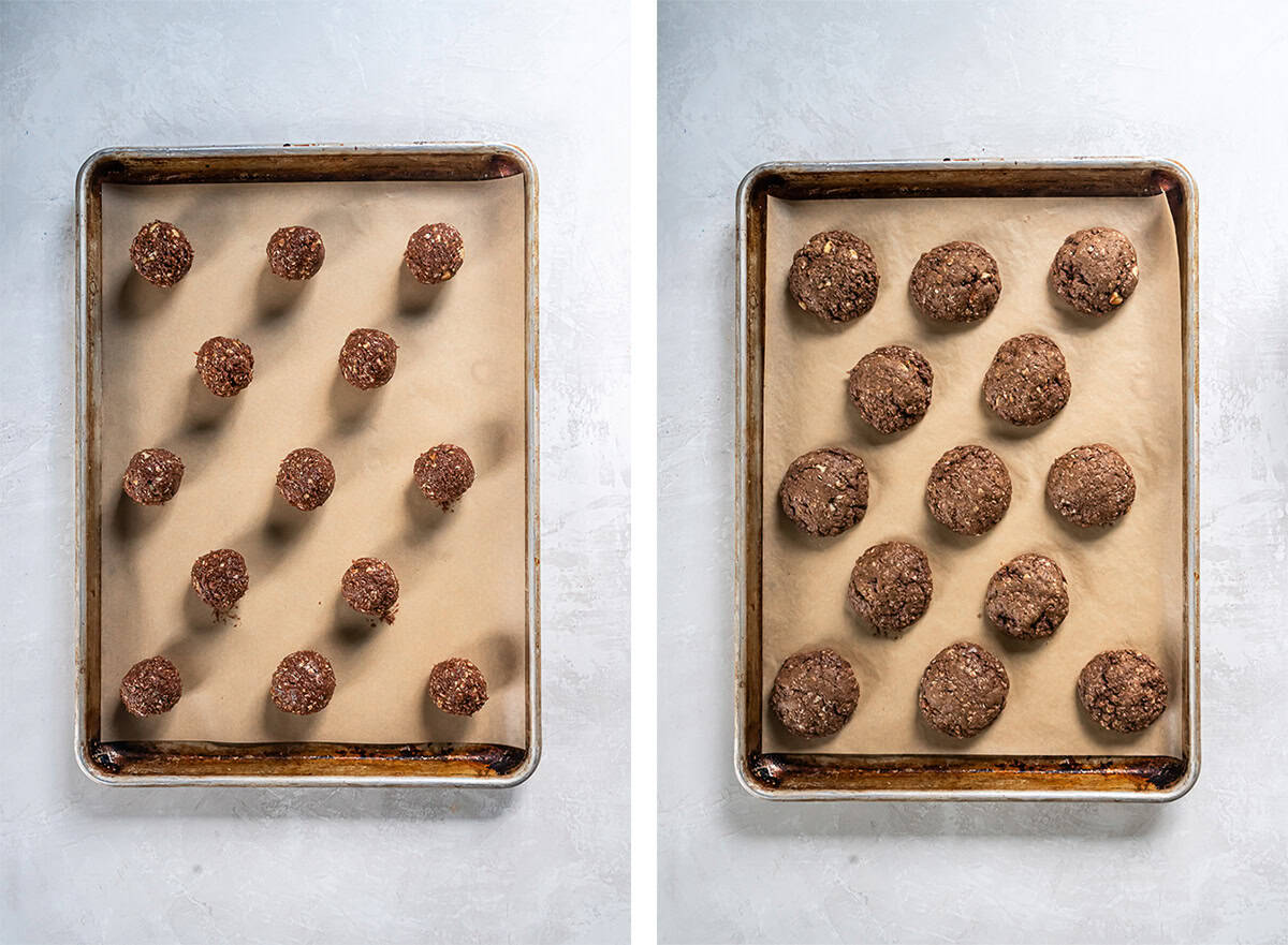Chocolate Oatmeal Cookies 6 Balls of cookie dough on a baking sheet before and after being baked.