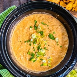 Chicken enchilada dip in a slow cooker topped with sliced green onions and cilantro.