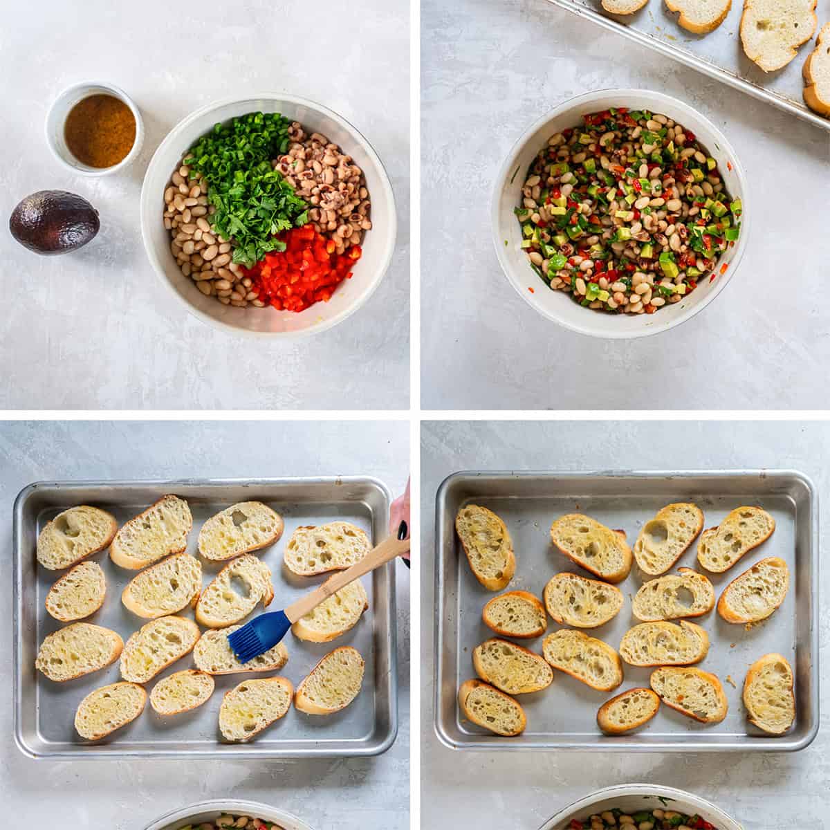 Four images of white beans combined with other ingredients in a bowl and sliced bread on a baking sheet.