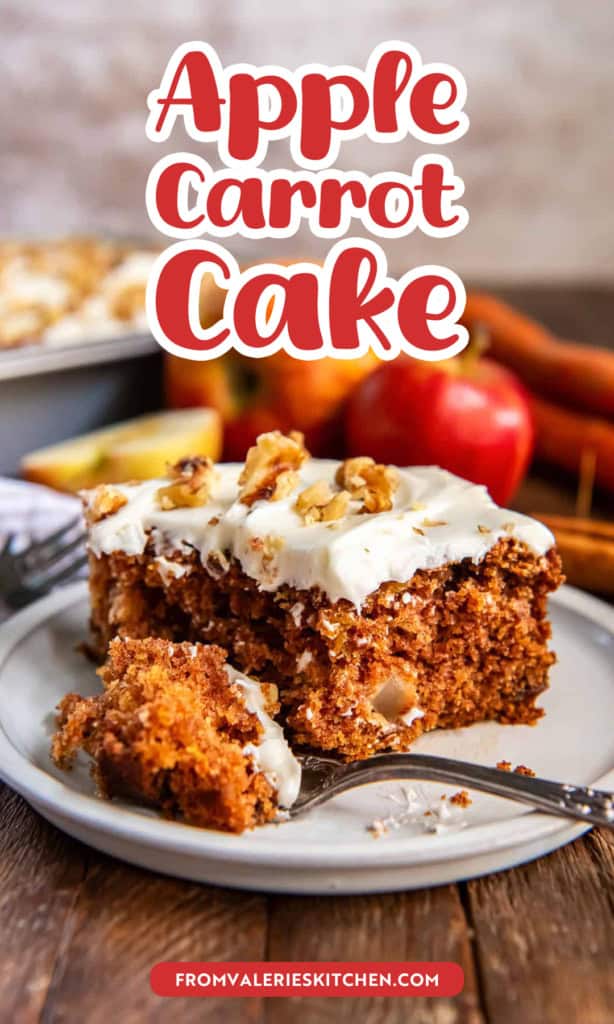 A fork resting on a plate with a slice of apple carrot cake with cream cheese frosting and walnuts with text overlay.