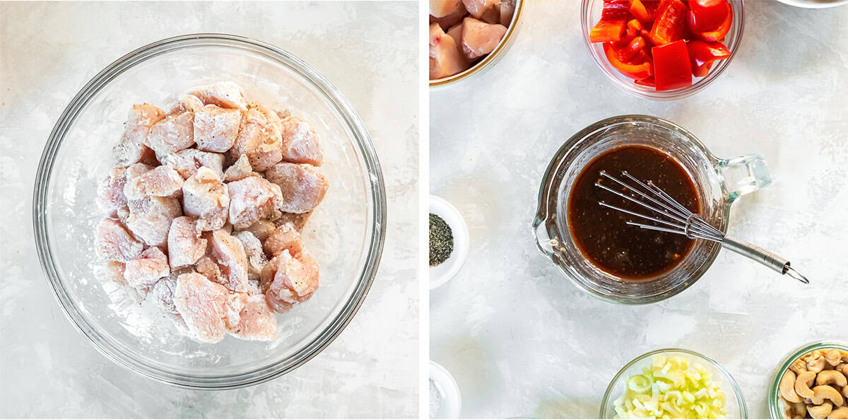 Two images of a glass bowl filled with pieces of chicken tossed in cornstarch and stir fry sauce in a measuring cup with a whisk.