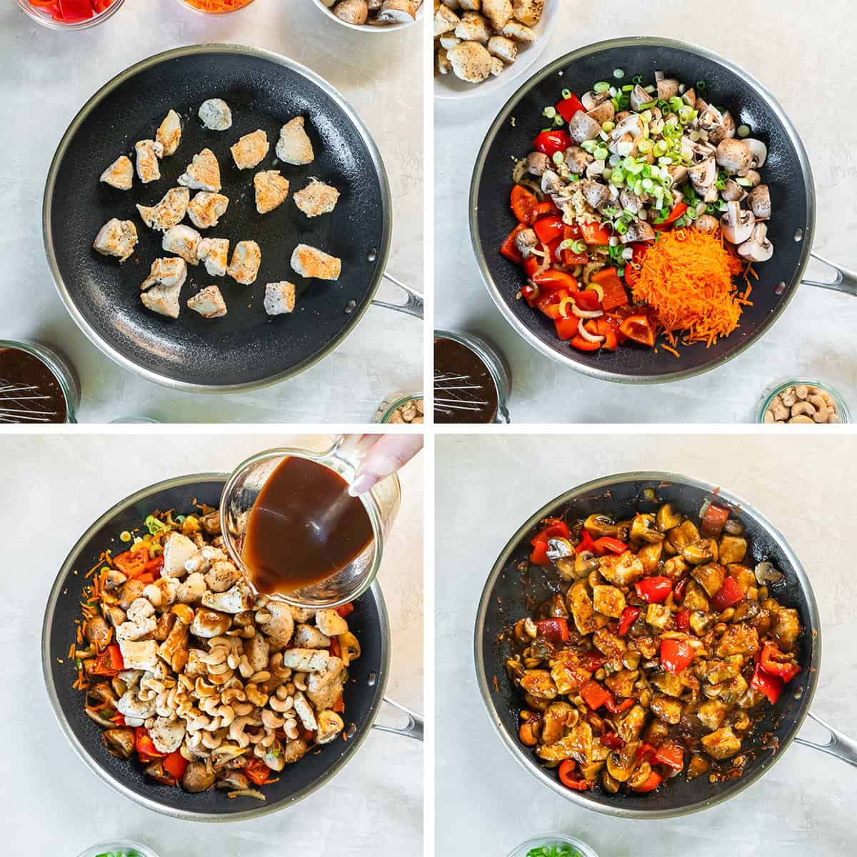 Four images of cashew chicken being cooked with vegetables and a stir fry sauce in a skillet.