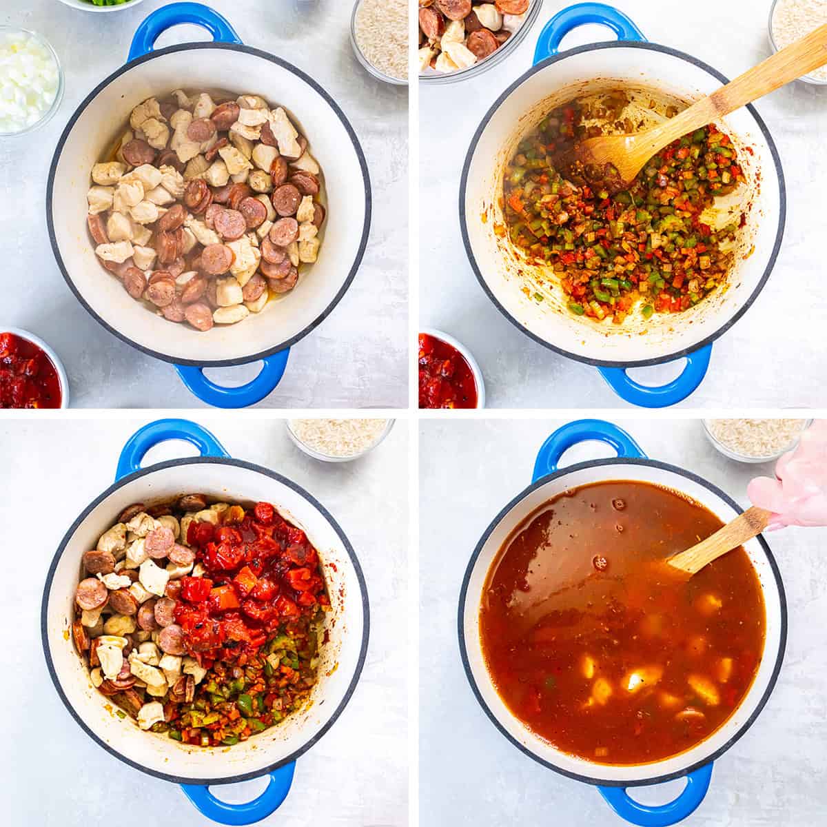 Four images of jambalaya soup being prepared in a Dutch oven.
