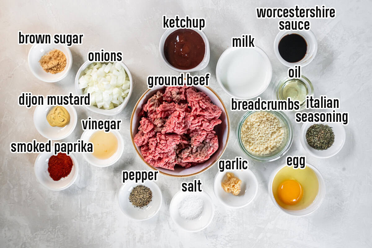 Ground beef, onions, garlic, ketchup and other ingredients for one pound meatloaf in bowls with text overlay.