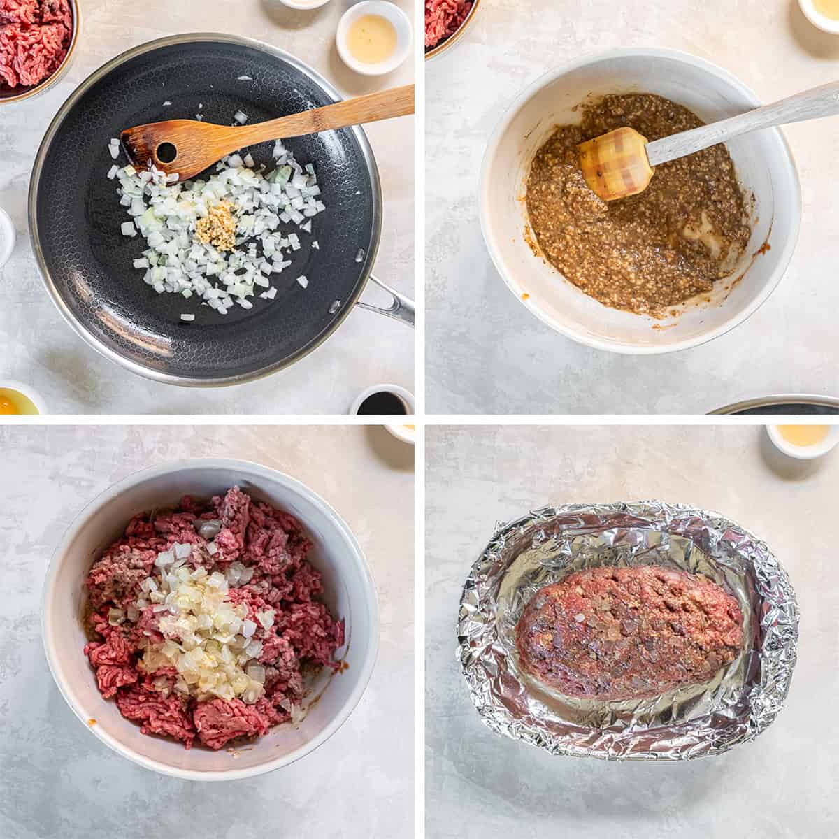 Four images of onions and garlic in a skillet, a breacrumb paste in a bowl, ground beef combined with both and then shaped in a loaf in a foil lined dish.