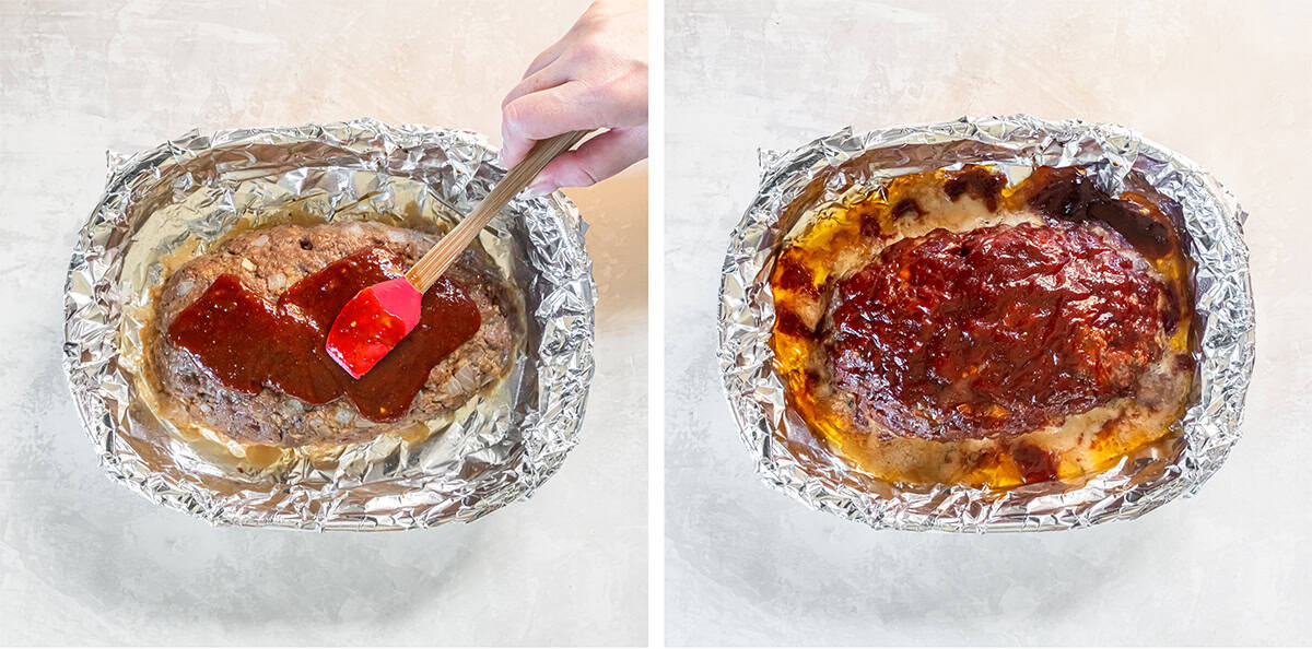 Two images of a hand using a pastry brush to baste meatloaf with sauce and the glazed baked meatloaf.