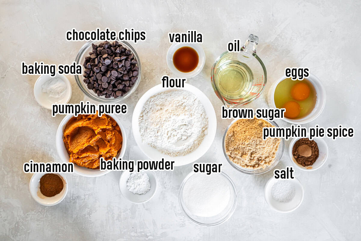 Pumpkiin puree, flour, sugar, and other ingredients for pumpkin chocolate chip muffins with text overlay.