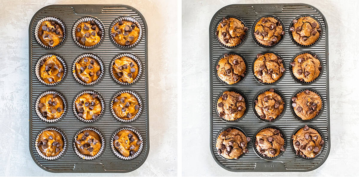 Two-photo collage: left, a 12-cup muffin pan with liners filled about two-thirds with pumpkin batter topped with chocolate chips; right, the same pan with domed, baked pumpkin chocolate chip muffins.