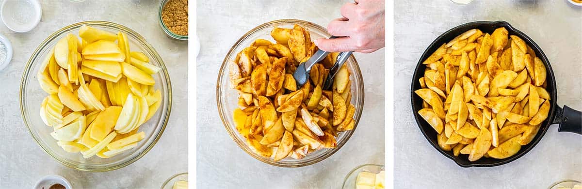 Three images of sliced apples in a bowl, being tossed with a sugar mixture, and in a cast iron skillet.