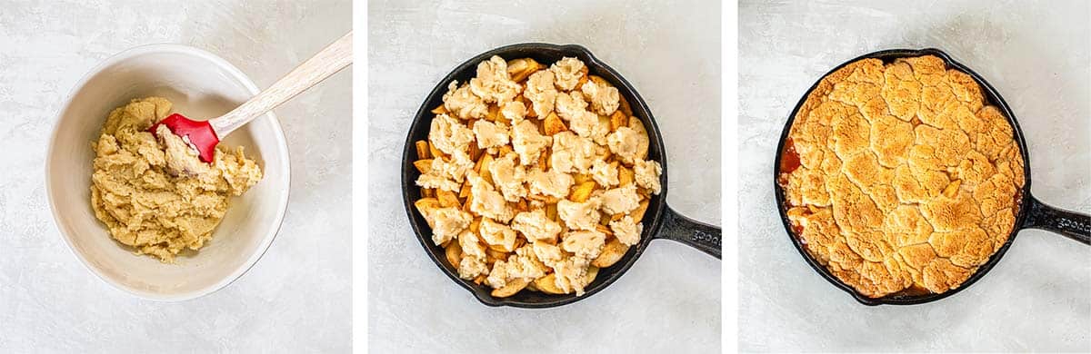 Three images of cobbler dough in a small bowl and then on top of sliced apples in a cast iron skillet before and after being baked.