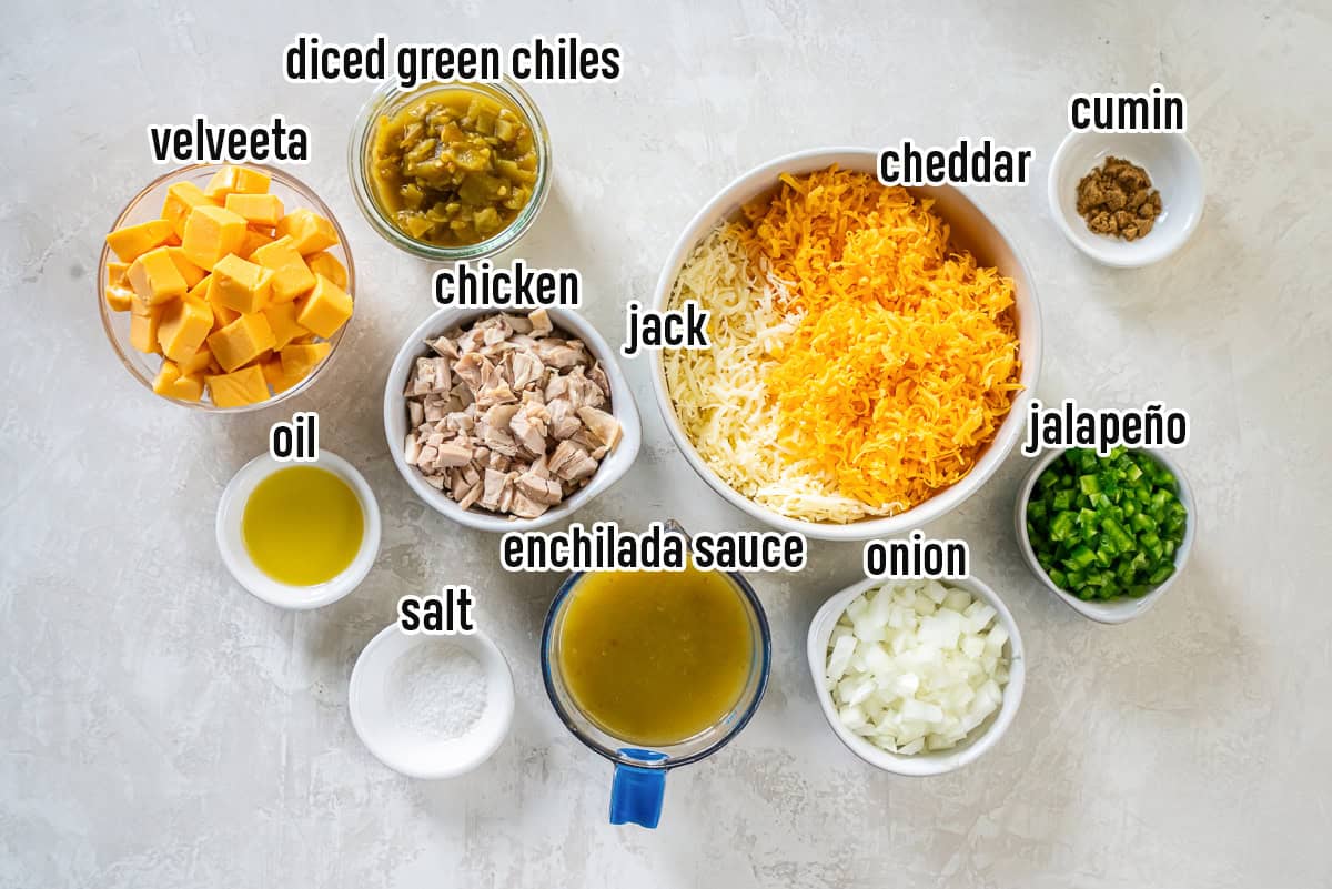 Chicken, cheese, green enchilada sauce and other ingredients in bowls with text overlay.