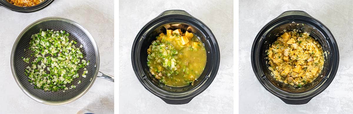 Three images of jalapeno and onion cooking in a skillet and chicken queso dip ingredients in a slow cooker.